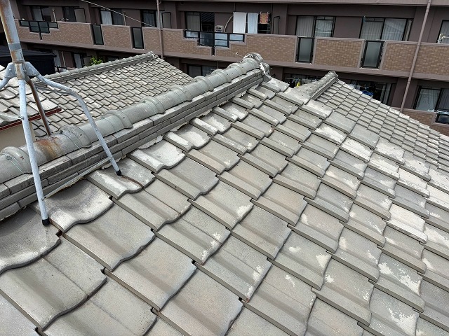 藤井寺市にて瓦屋根を点検したら漆喰の黒ずみと袖瓦のズレを確認、早めの補修をご提案