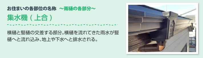 雨樋の各部分　集水機(上合)：横樋と堅樋の交差する部分