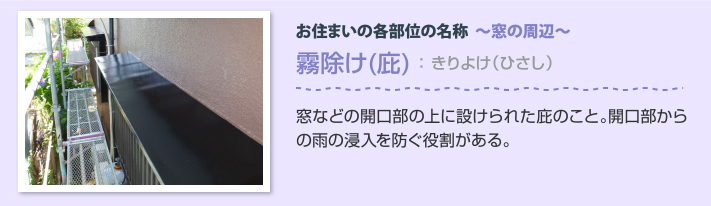 窓周辺の各部位　霧除け(庇)：開口部からの雨の侵入を防ぐ役割がある